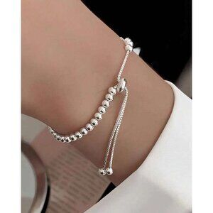 Adjustable 925 Sterling Silver Beaded Chain Bracelet For Women